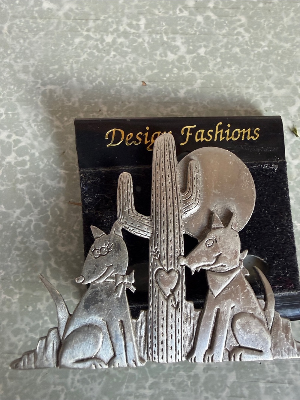 JJ Jonette Jewelry Desert Coyotes in Love Cactus Moon Brooch Pin Pewter